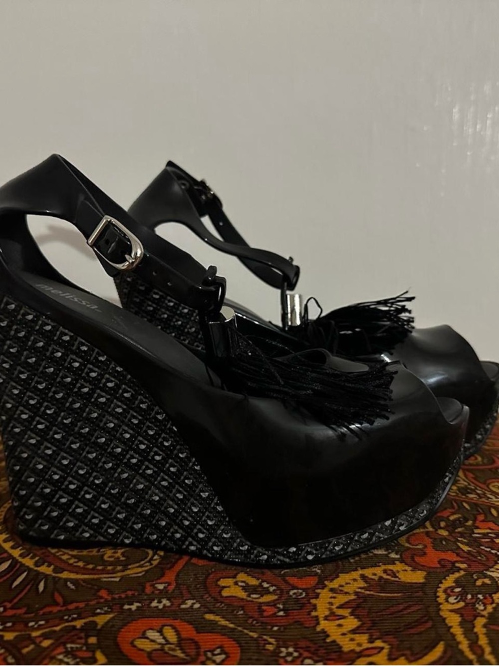 Melissa Black Fringe Platform Wedge Sandals